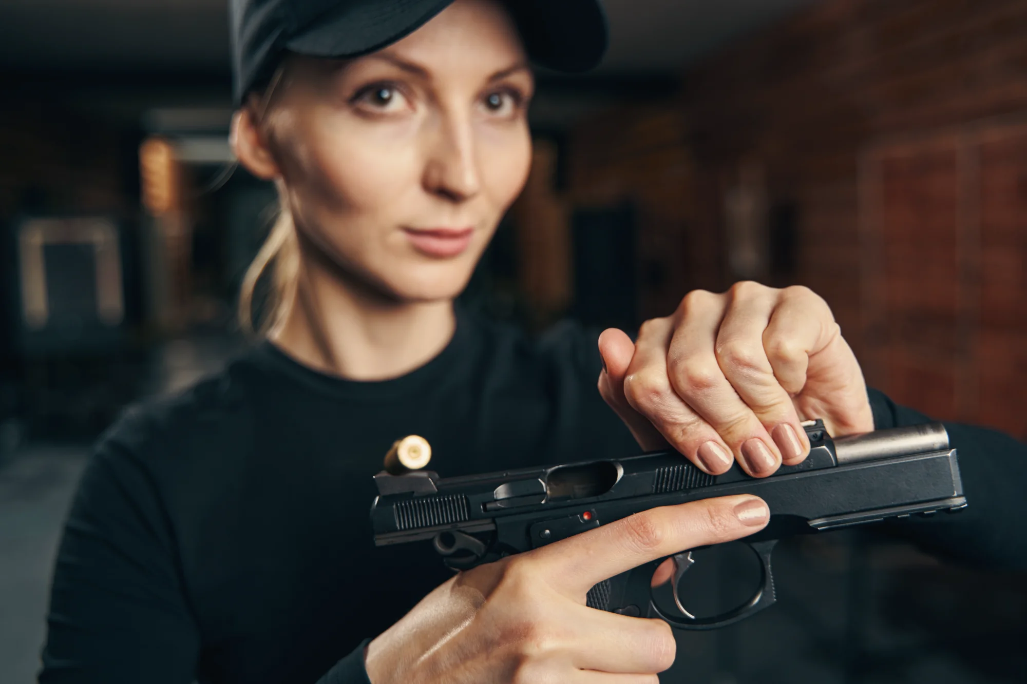 Woman learning firearm handling